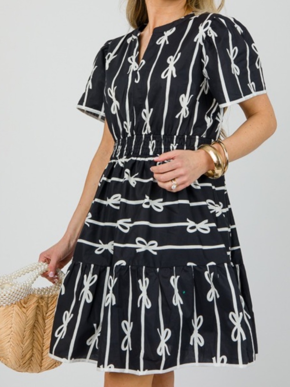 Umgee Bow Striper Print Short Sleeve Mini Dress in Large